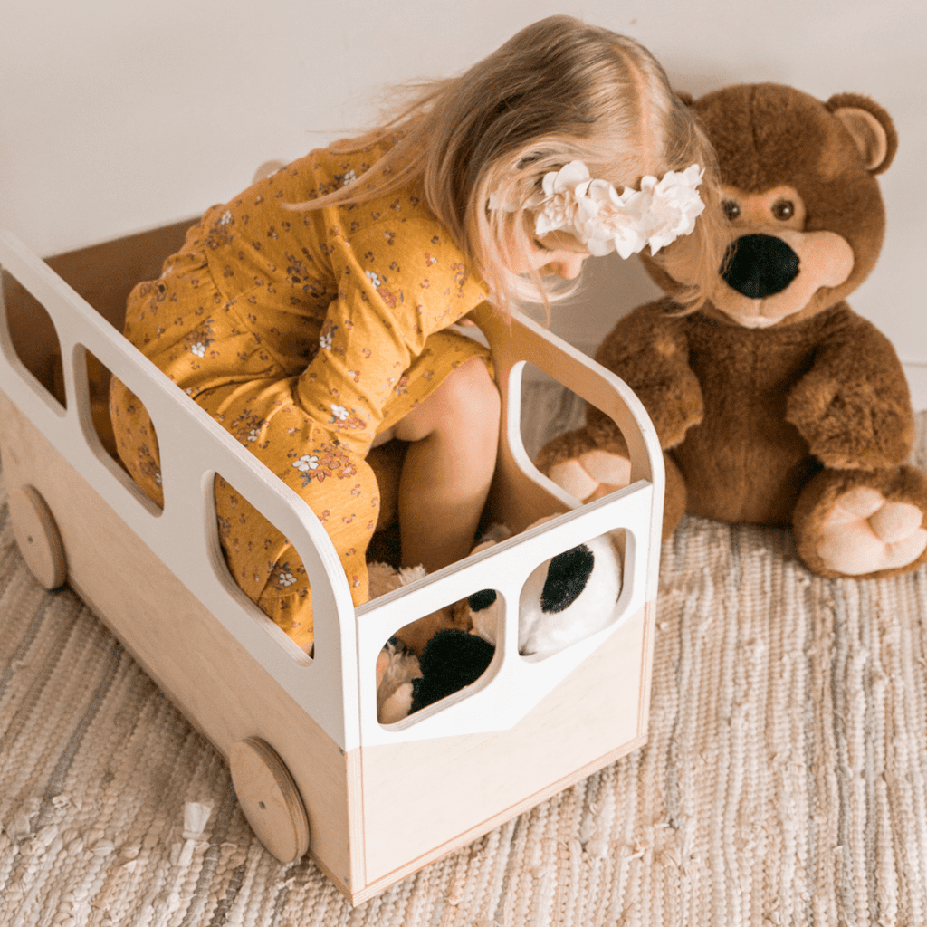 Boîte à jouets sur roulettes en bois – Bus de rangement premium