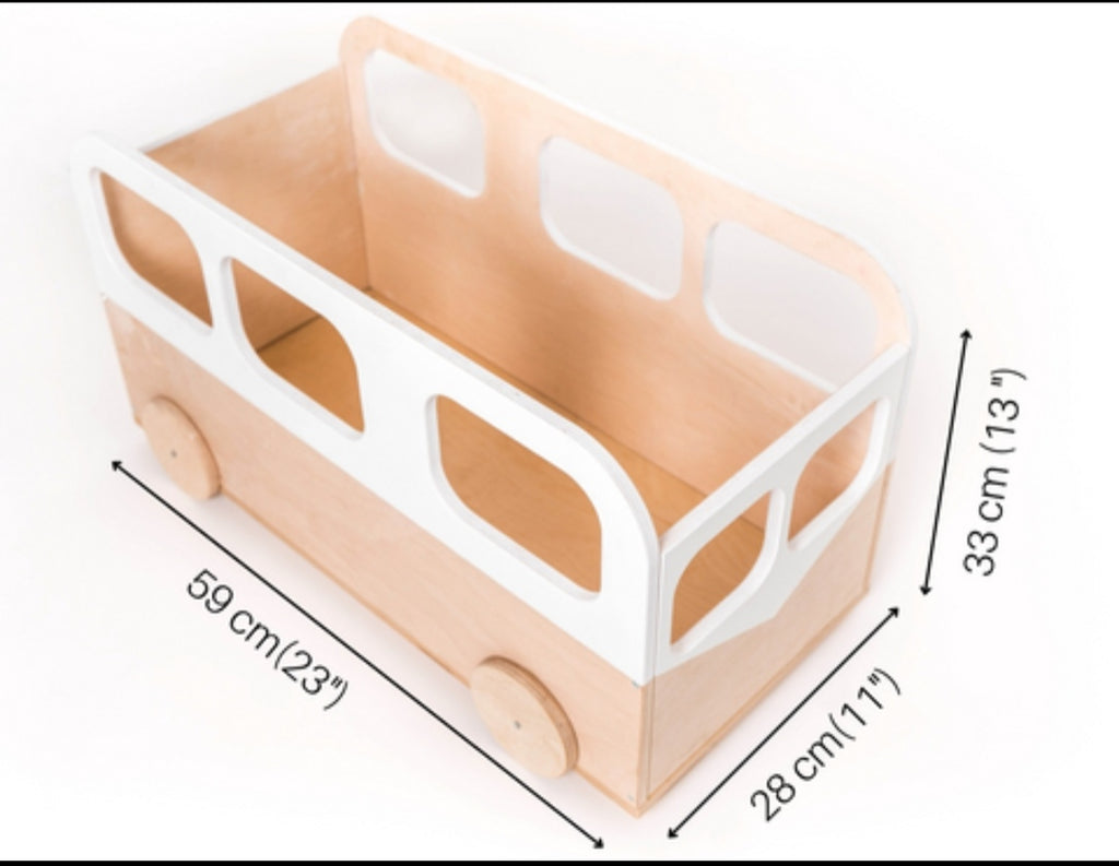Boîte à jouets sur roulettes en bois – Bus de rangement premium