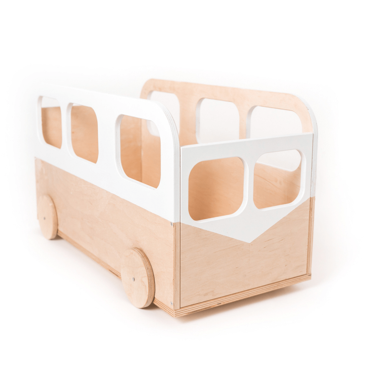 Boîte à jouets sur roulettes en bois – Bus de rangement premium