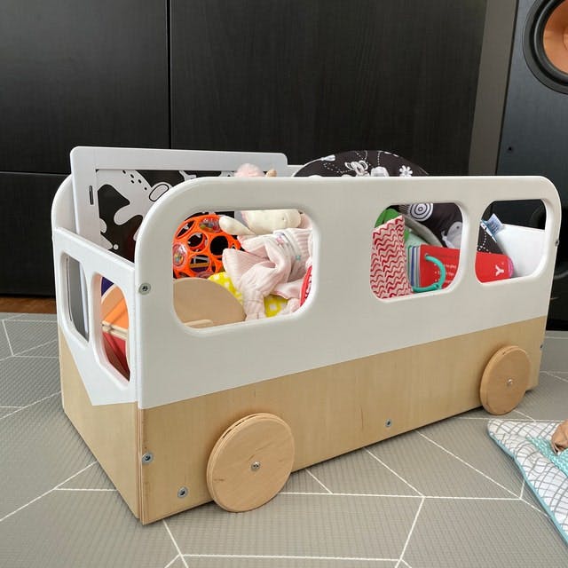 Boîte à jouets sur roulettes en bois – Bus de rangement premium